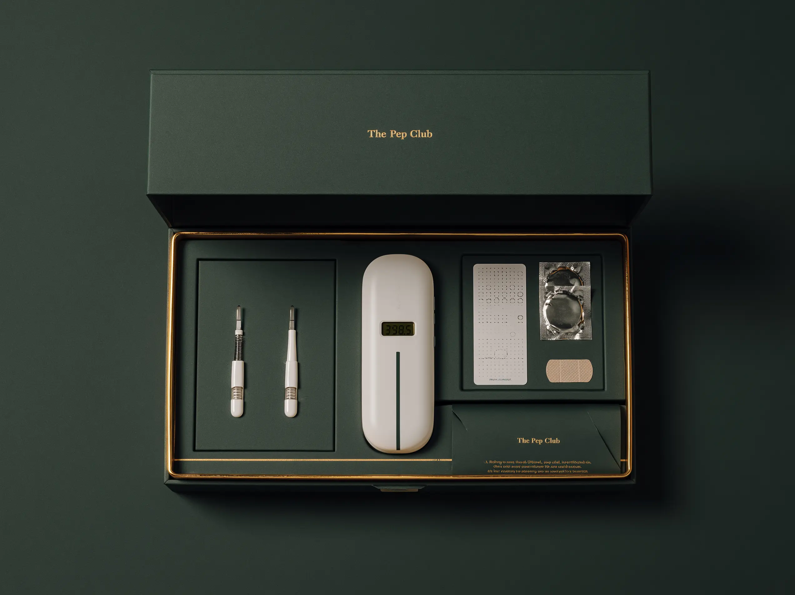 The Pep Club blood monitoring kit open showing contents